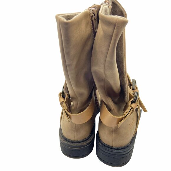 Blowfish Biker Steampunk Boots Buckle Tan Faux Leather Round Toe Mid Calf SZ 6.5 - Picture 4 of 16